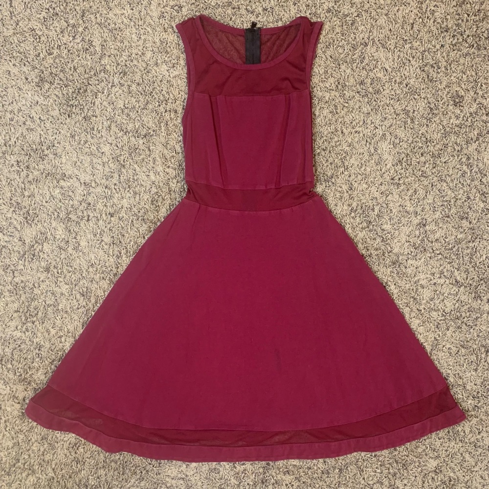 Express Women's Burgundy Mesh Panel Fit Flare Dress Size XS